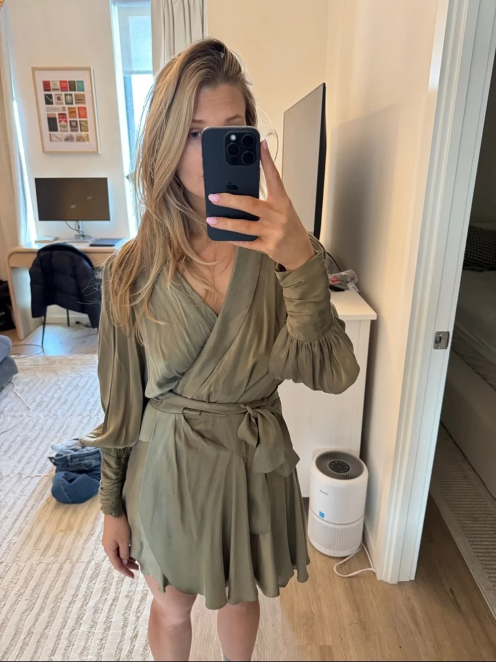 Zimmermann Olive Green Wrap Mini Dress with Tie Waist - Picture 1 of 1